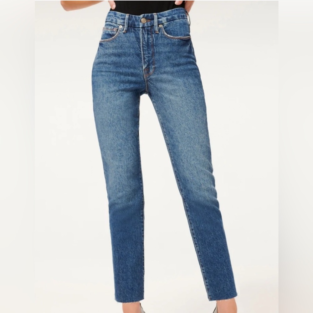 Good American High Rise Blue Raw Hem Jeans